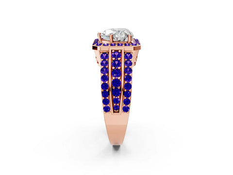 Rose gold Heart Cut Halo Diamond Ring with Round with Tanzanite side stone Split Shank and Prong Setting_2