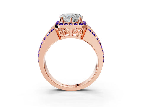 Rose gold Heart Cut Halo Diamond Ring with Round with Tanzanite side stone Split Shank and Prong Setting_3