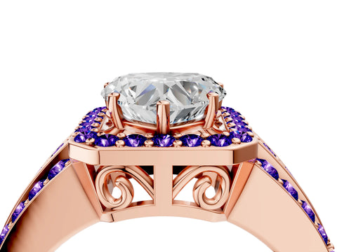 Rose gold Heart Cut Halo Diamond Ring with Round with Tanzanite side stone Split Shank and Prong Setting_4