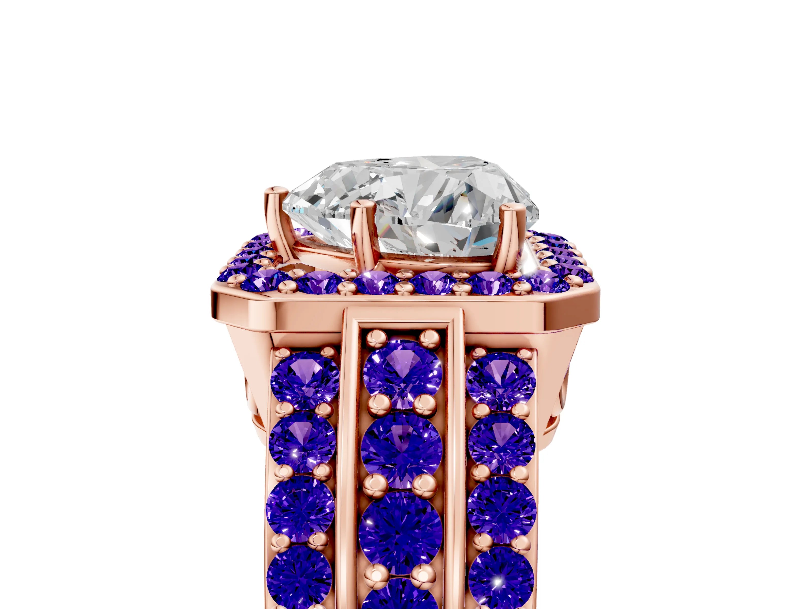 Rose gold Heart Cut Halo Diamond Ring with Round with Tanzanite side stone Split Shank and Prong Setting_5