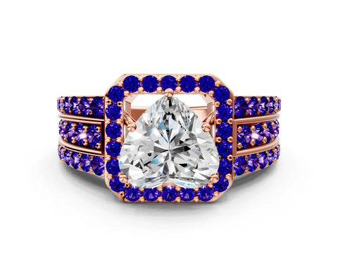 Rose gold Heart Cut Halo Diamond Ring with Round with Tanzanite side stone Split Shank and Prong Setting