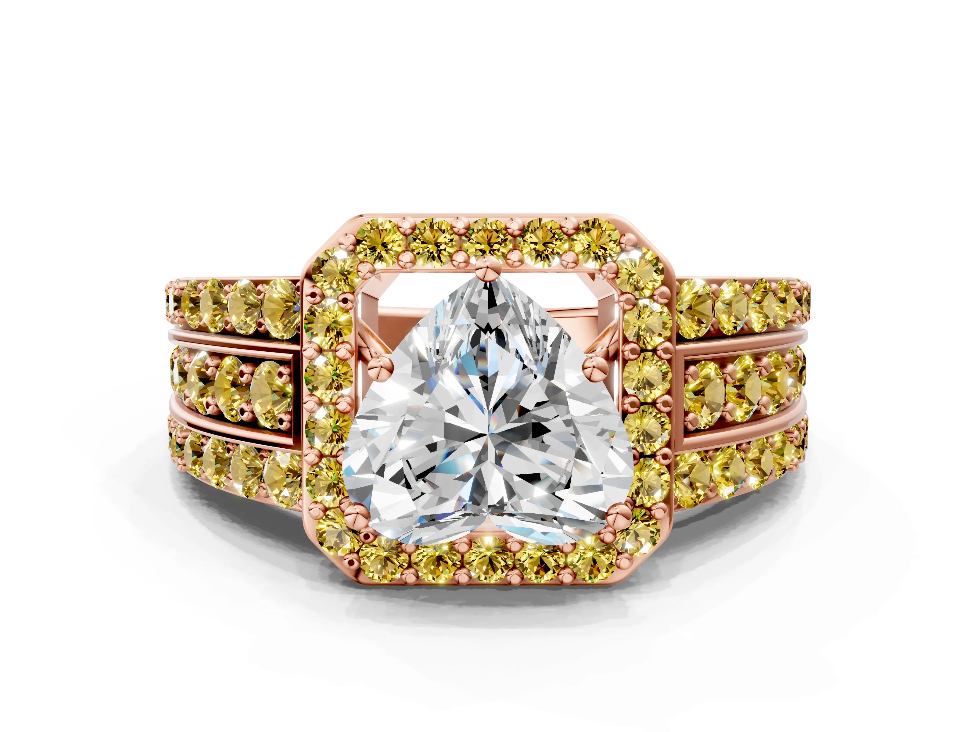 Rose gold Heart Cut Halo Diamond Ring with Round with Yellow Sapphire side stone Split Shank and Prong Setting