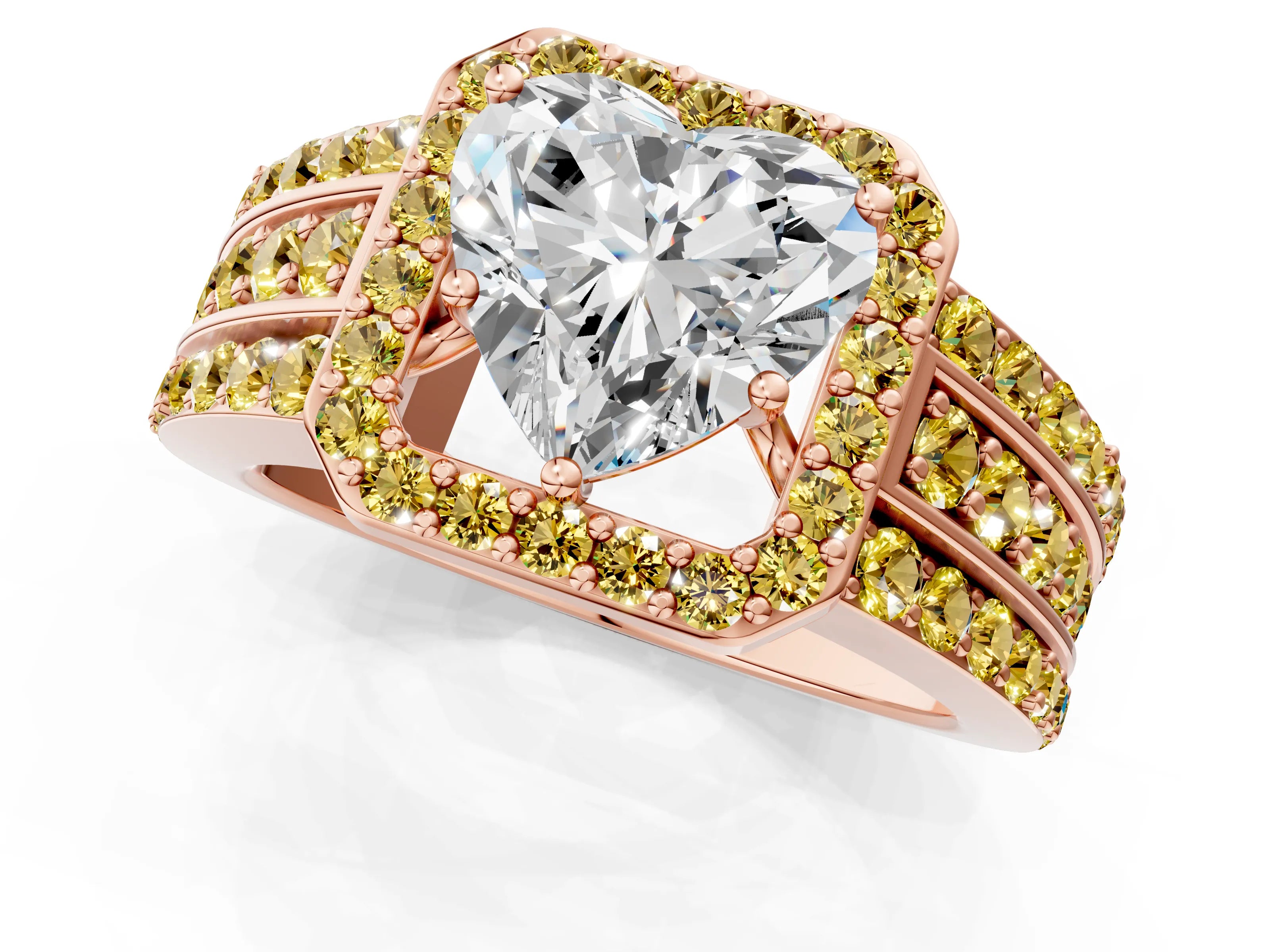 Rose gold Heart Cut Halo Diamond Ring with Round with Yellow Sapphire side stone Split Shank and Prong Setting_1