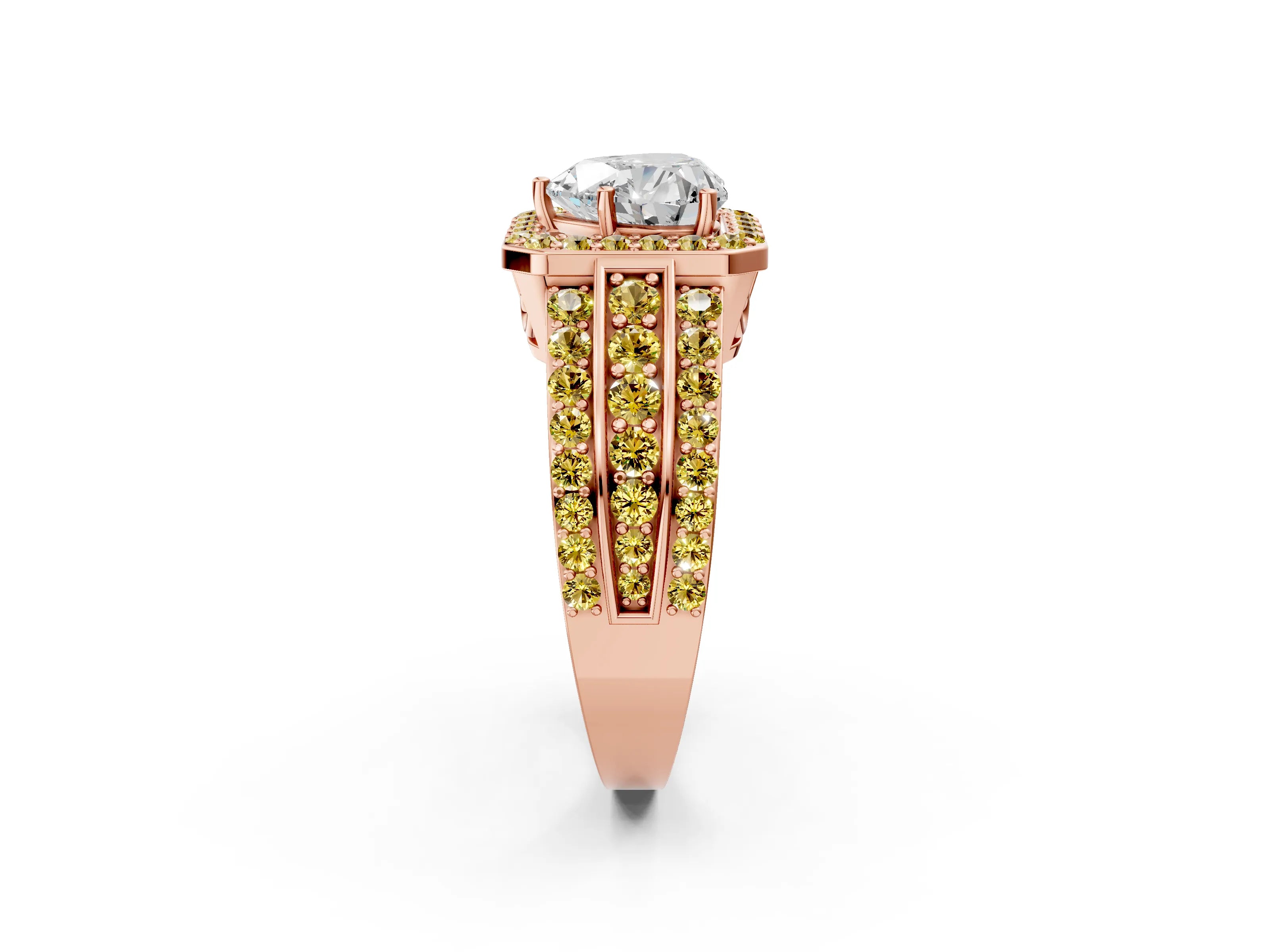 Rose gold Heart Cut Halo Diamond Ring with Round with Yellow Sapphire side stone Split Shank and Prong Setting_2