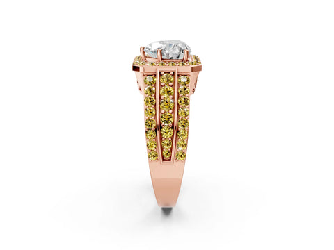 Rose gold Heart Cut Halo Diamond Ring with Round with Yellow Sapphire side stone Split Shank and Prong Setting_2