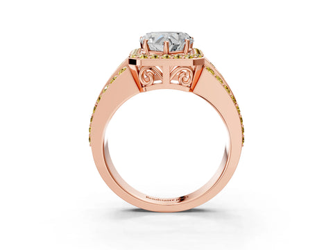 Rose gold Heart Cut Halo Diamond Ring with Round with Yellow Sapphire side stone Split Shank and Prong Setting_3