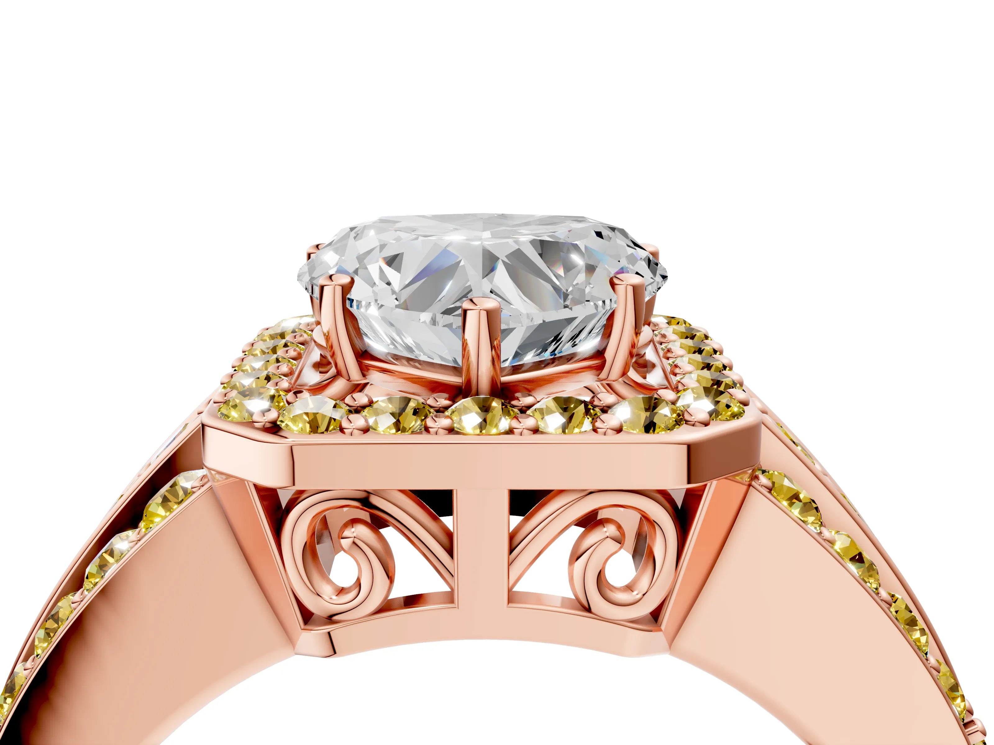 Rose gold Heart Cut Halo Diamond Ring with Round with Yellow Sapphire side stone Split Shank and Prong Setting_4