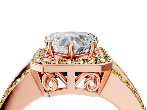 Rose gold Heart Cut Halo Diamond Ring with Round with Yellow Sapphire side stone Split Shank and Prong Setting_4
