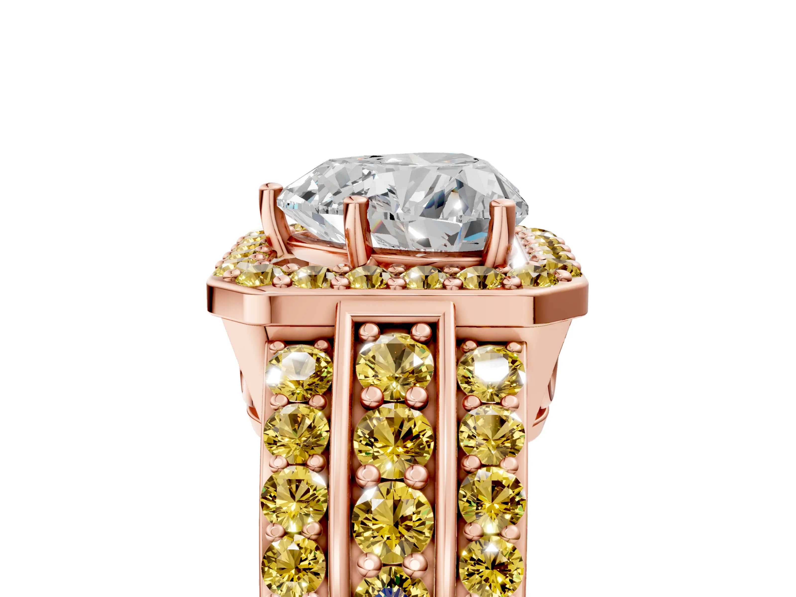 Rose gold Heart Cut Halo Diamond Ring with Round with Yellow Sapphire side stone Split Shank and Prong Setting_5