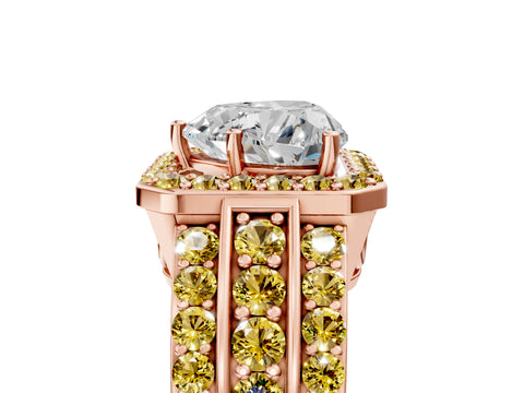 Rose gold Heart Cut Halo Diamond Ring with Round with Yellow Sapphire side stone Split Shank and Prong Setting_5