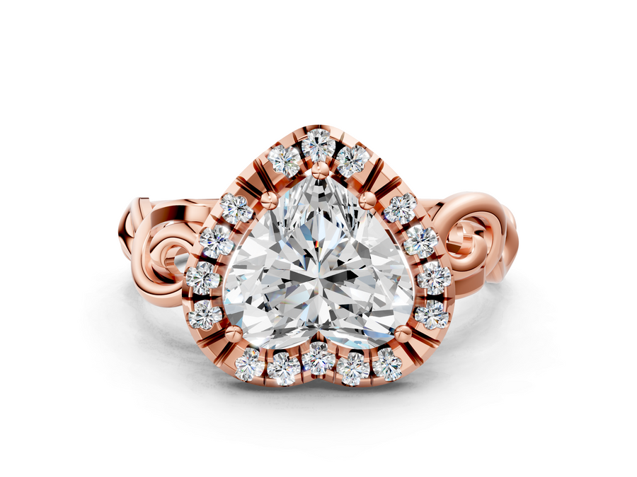 Rose gold Heart Cut Halo Diamond Ring with Scrollwork Band and Four-Prong Setting