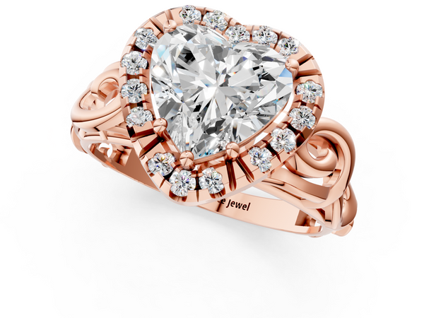 Rose gold Heart Cut Halo Diamond Ring with Scrollwork Band and Four-Prong Setting