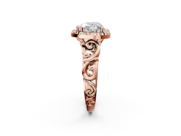 Rose gold Heart Cut Halo Diamond Ring with Scrollwork Band and Four-Prong Setting
