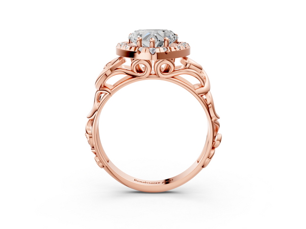 Rose gold Heart Cut Halo Diamond Ring with Scrollwork Band and Four-Prong Setting