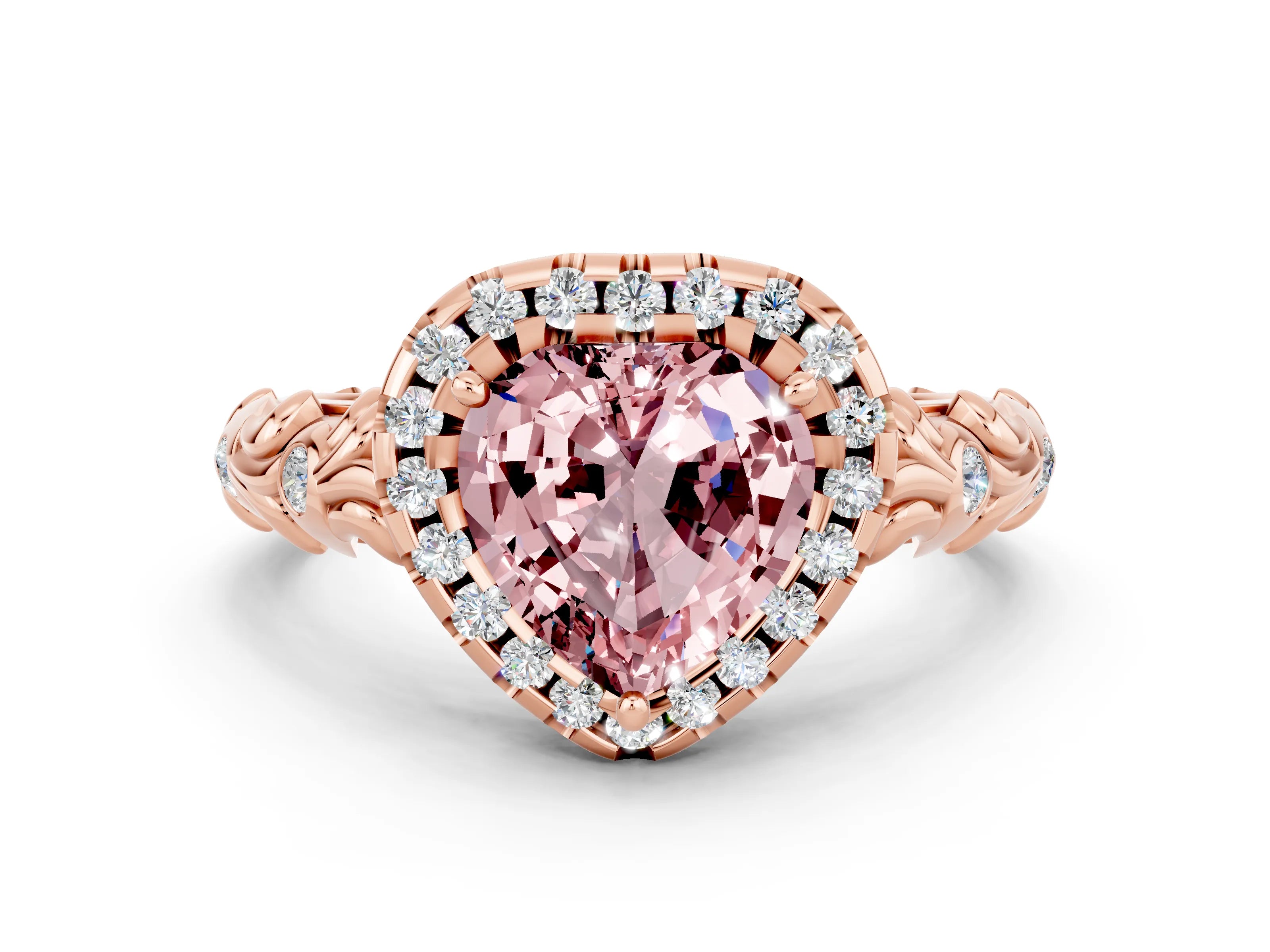 Rose gold Heart Cut Halo Diamond Solitaire with Filigree Band and Four-Prong Setting