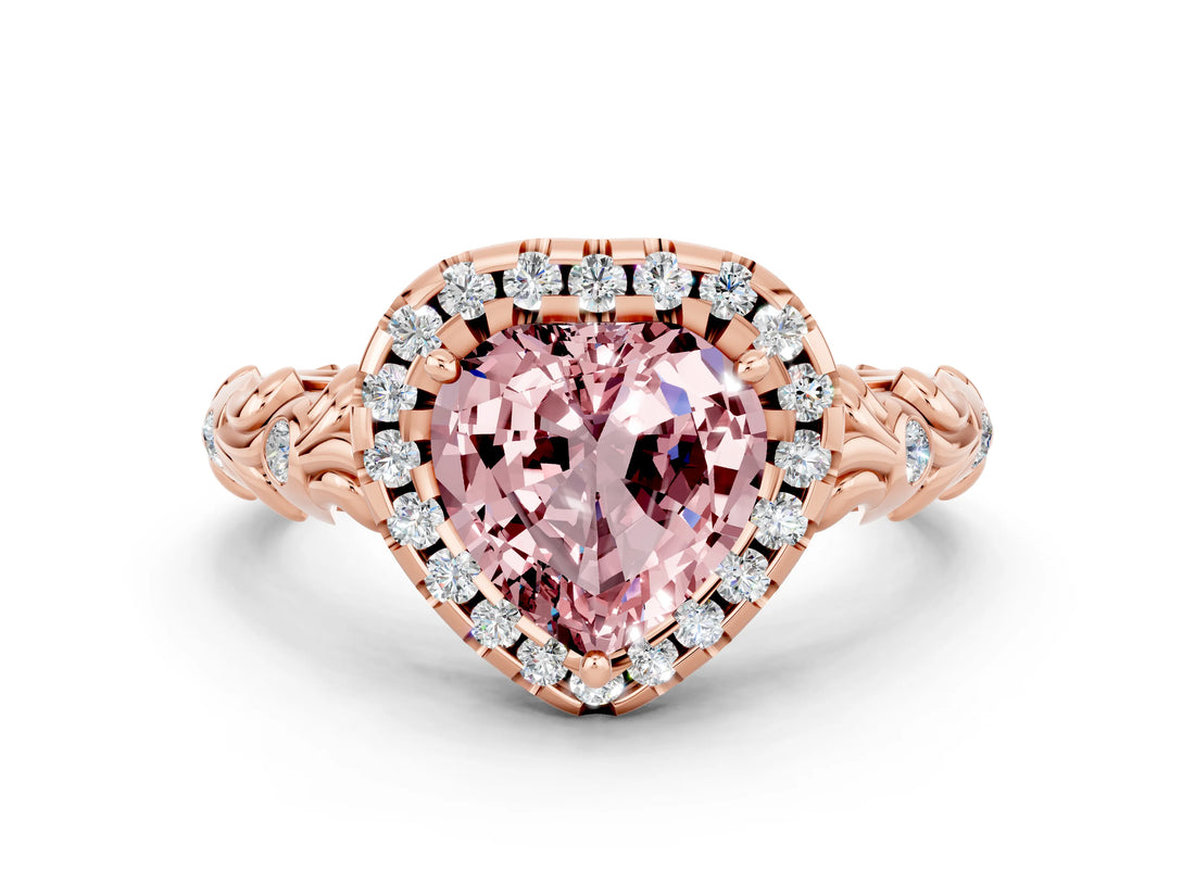Rose gold Heart Cut Halo Diamond Solitaire with Filigree Band and Four-Prong Setting