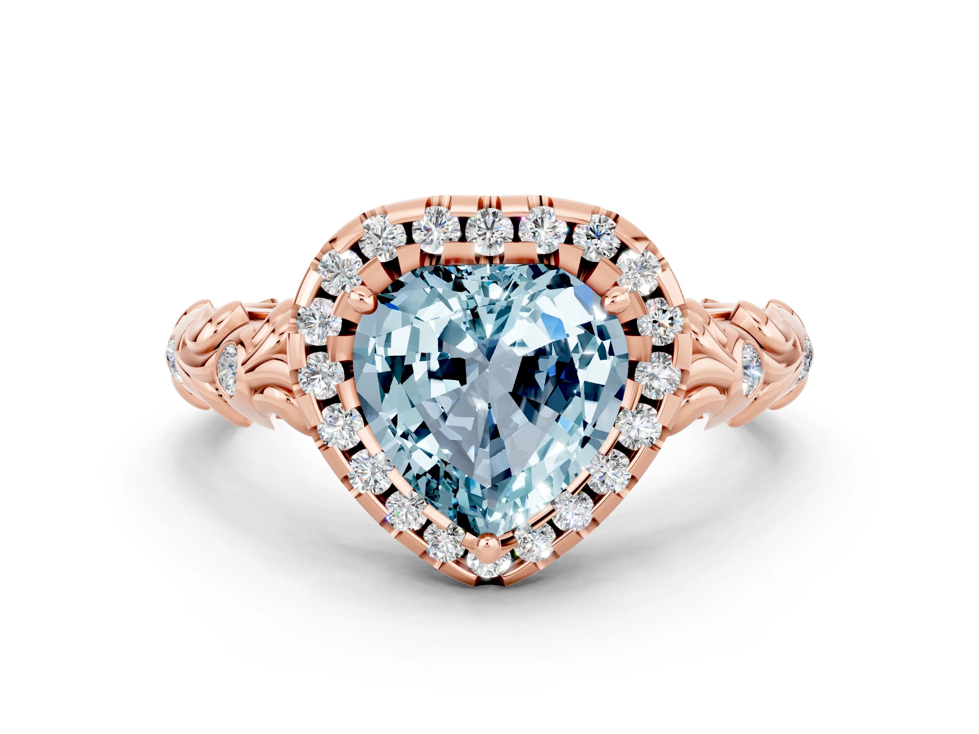 Rose gold Heart Cut Halo Diamond Solitaire with Filigree Band and Four-Prong Setting
