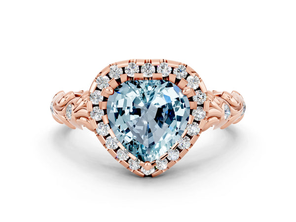 Rose gold Heart Cut Aquamarine Halo Ring with Filigree Band and Prong Setting