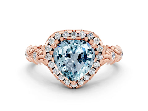 Rose gold Heart Cut Halo Diamond Solitaire with Filigree Band and Four-Prong Setting