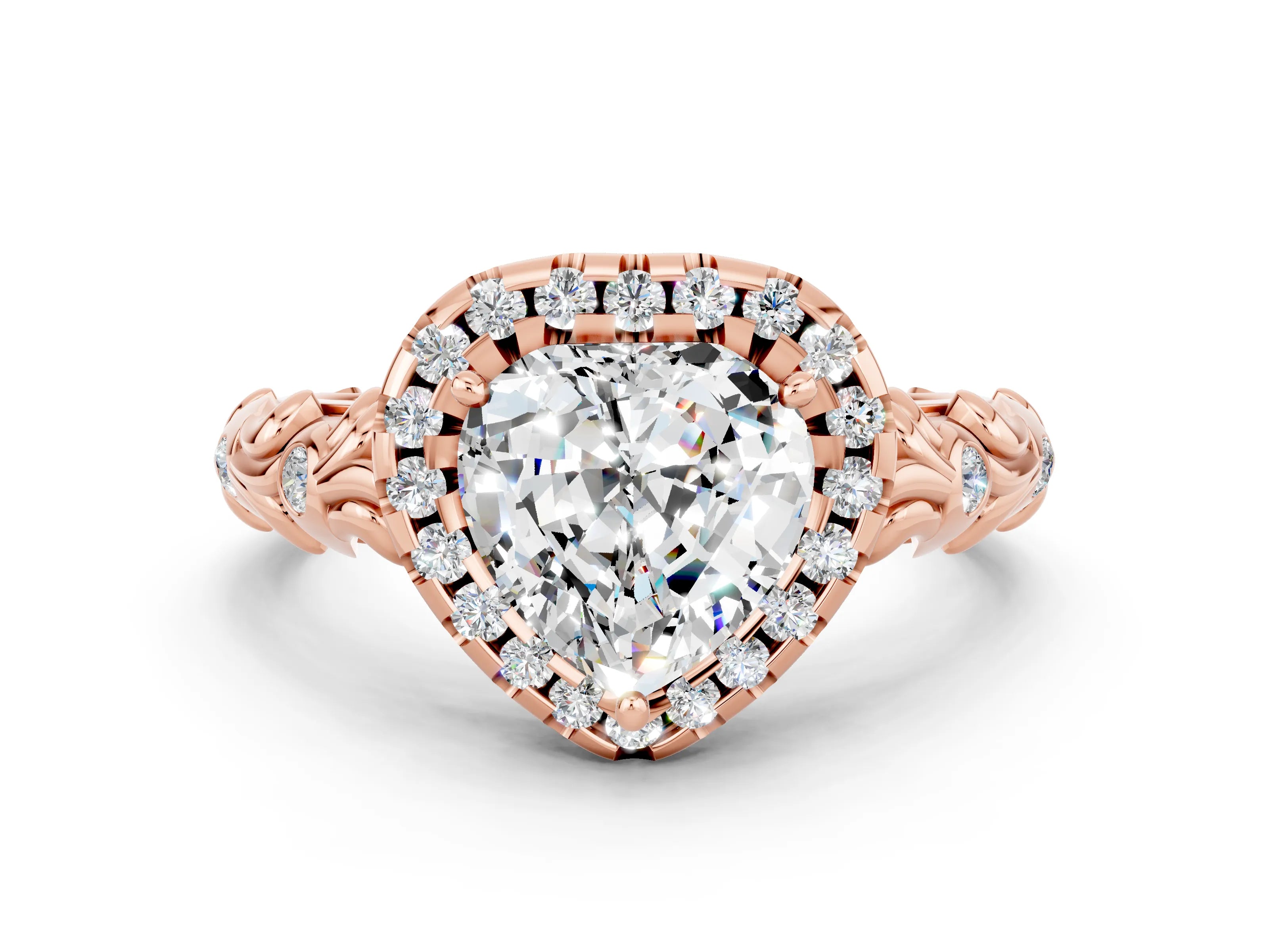 Rose gold Heart Cut Halo Diamond Solitaire with Filigree Band and Four-Prong Setting