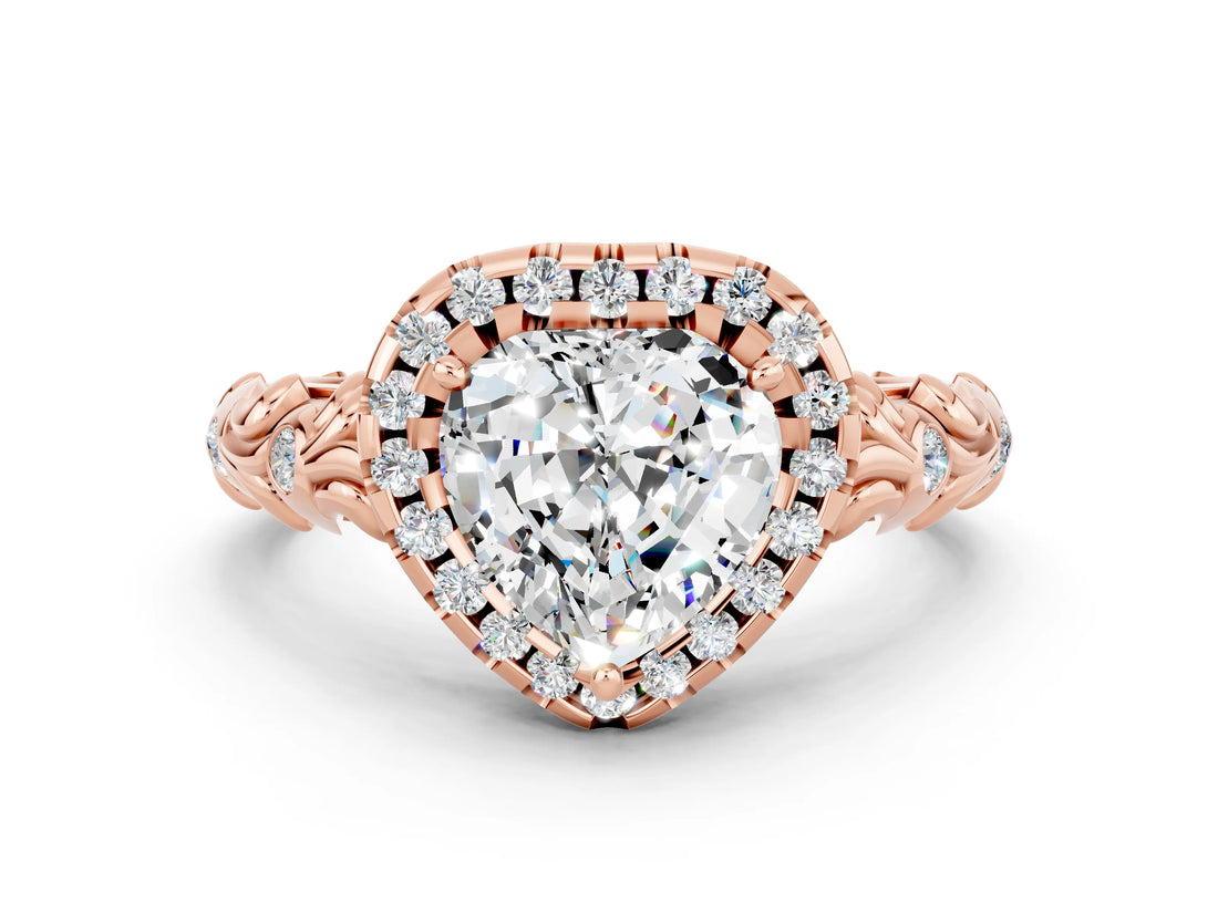 Rose gold Heart Cut Halo Diamond Solitaire with Filigree Band and Four-Prong Setting