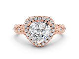 Rose gold Heart Cut Halo Diamond Solitaire with Filigree Band and Four-Prong Setting