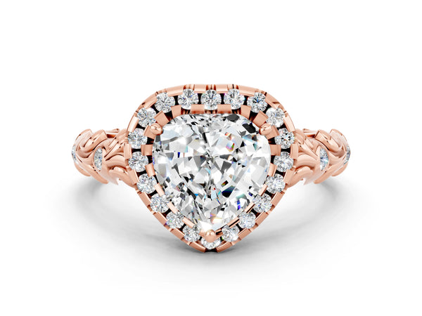 Rose gold Heart Cut Moissanite Halo Ring with Filigree Band and Prong Setting
