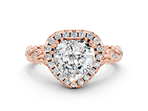 Rose gold Heart Cut Halo Diamond Solitaire with Filigree Band and Four-Prong Setting