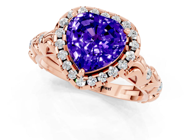 Rose gold Heart Cut Tanzanite Halo Ring with Filigree Band and Prong Setting