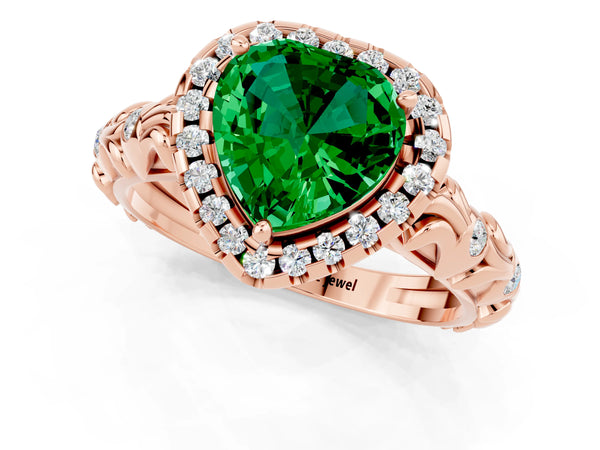 Rose gold Heart Cut Emerald Halo Ring with Filigree Band and Prong Setting