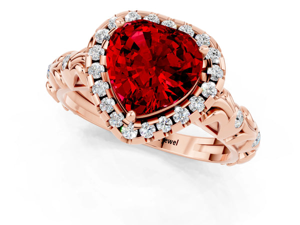 Rose gold Heart Cut Ruby Halo Ring with Filigree Band and Prong Setting