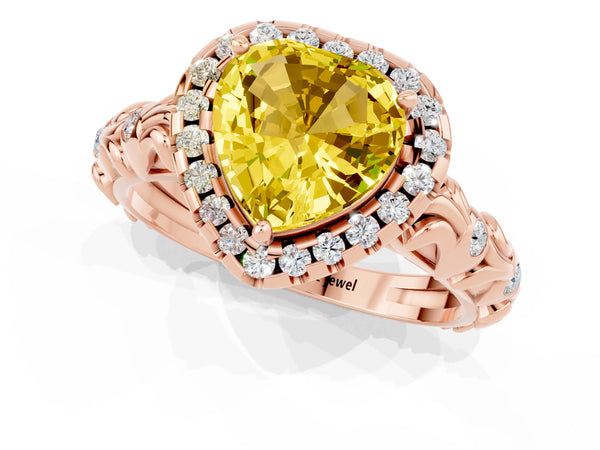 Rose gold Heart Cut Yellow Sapphire Halo Ring with Filigree Band and Prong Setting