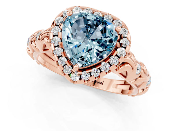 Rose gold Heart Cut Aquamarine Halo Ring with Filigree Band and Prong Setting