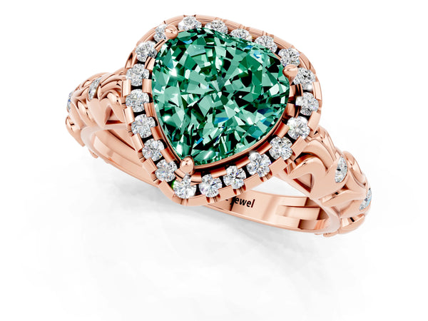 Rose gold Heart Cut Green Sapphire Halo Ring with Filigree Band and Prong Setting