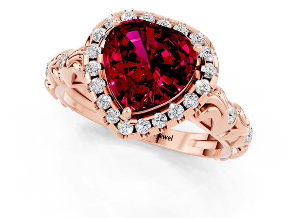 Rose gold Heart Cut Garnet Halo Ring with Filigree Band and Prong Setting