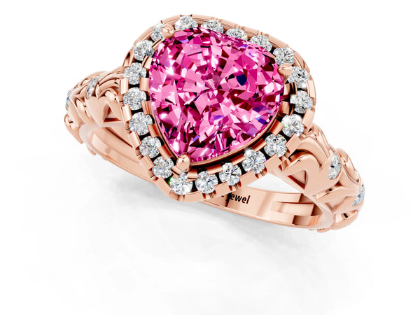 Rose gold Heart Cut Pink Sapphire Halo Ring with Filigree Band and Prong Setting