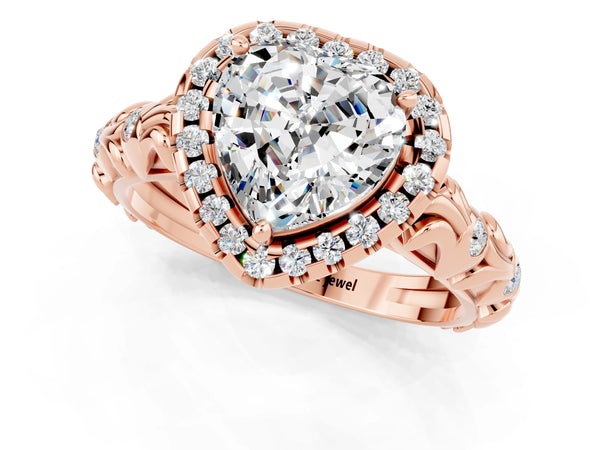 Rose gold Heart Cut Moissanite Halo Ring with Filigree Band and Prong Setting