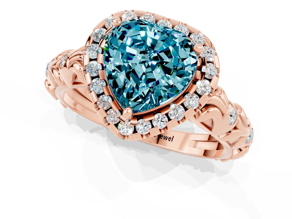 Rose gold Heart Cut Halo Diamond Solitaire with Filigree Band and Four-Prong Setting