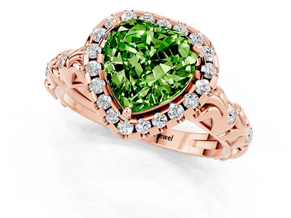 Rose gold Heart Cut Peridot Halo Ring with Filigree Band and Prong Setting