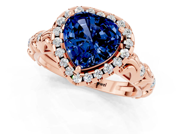 Rose gold Heart Cut Blue Sapphire Halo Ring with Filigree Band and Prong Setting
