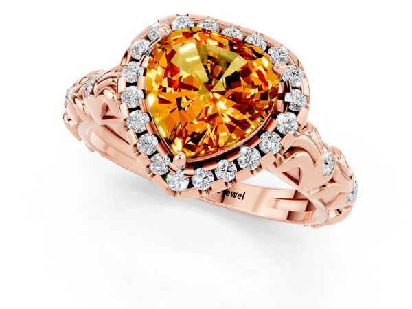 Rose gold Heart Cut Citrine Halo Ring with Filigree Band and Prong Setting