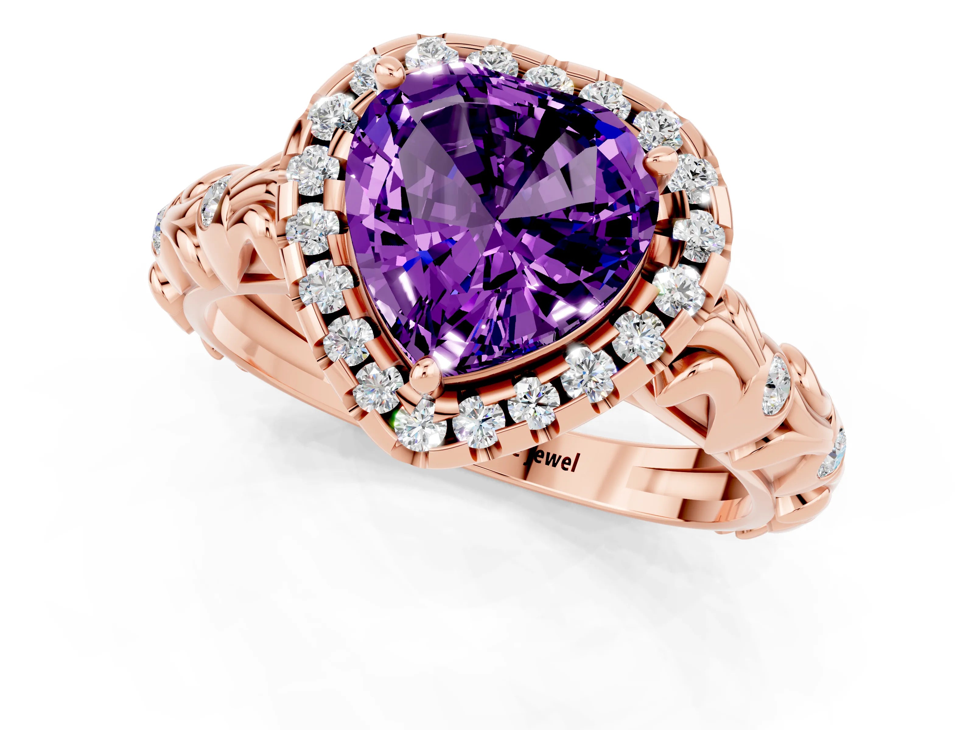 Rose gold Heart Cut Halo Diamond Solitaire with Filigree Band and Four-Prong Setting_1