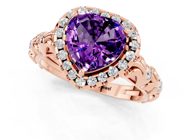 Rose gold Heart Cut Amethyst Halo Ring with Filigree Band and Prong Setting