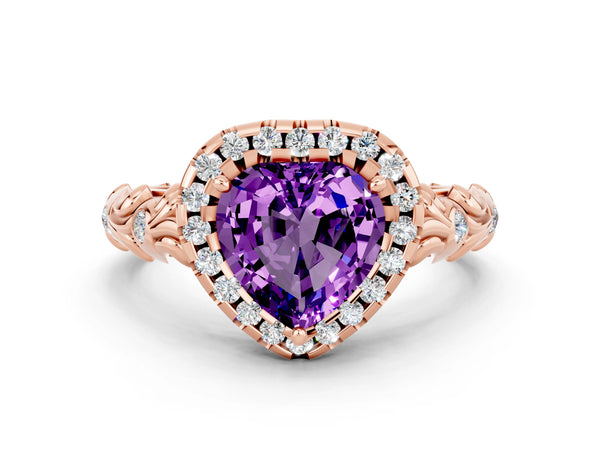 Rose gold Heart Cut Amethyst Halo Ring with Filigree Band and Prong Setting