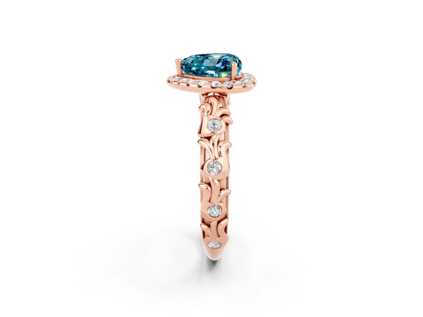 Rose gold Heart Cut Halo Diamond Solitaire with Filigree Band and Four-Prong Setting