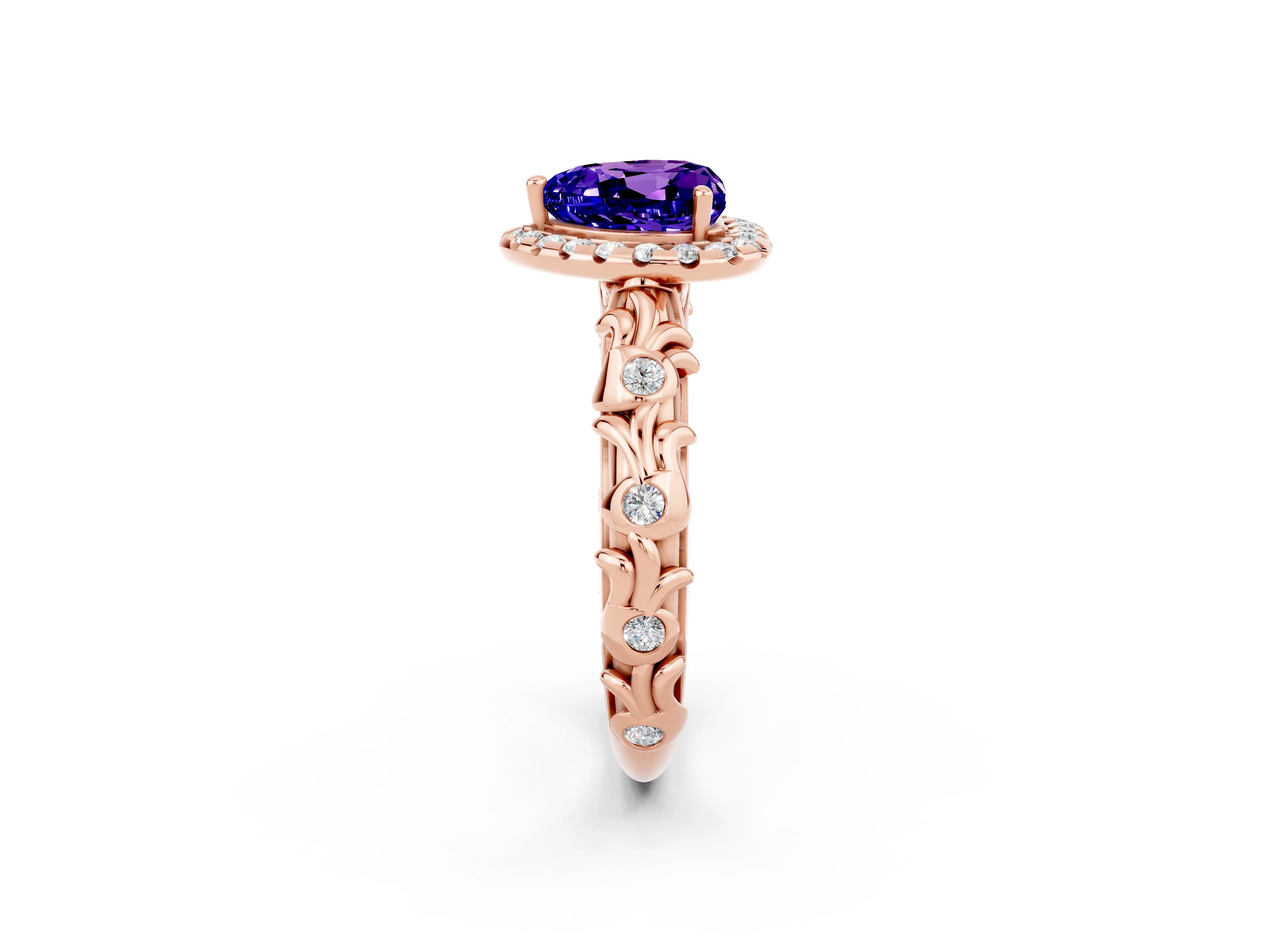 Rose gold Heart Cut Halo Diamond Solitaire with Filigree Band and Four-Prong Setting_2
