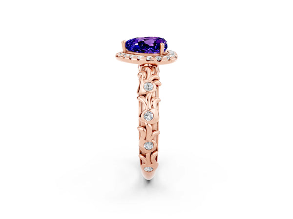 Rose gold Heart Cut Tanzanite Halo Ring with Filigree Band and Prong Setting