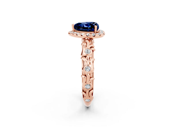 Rose gold Heart Cut Blue Sapphire Halo Ring with Filigree Band and Prong Setting