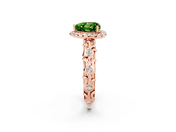 Rose gold Heart Cut Peridot Halo Ring with Filigree Band and Prong Setting