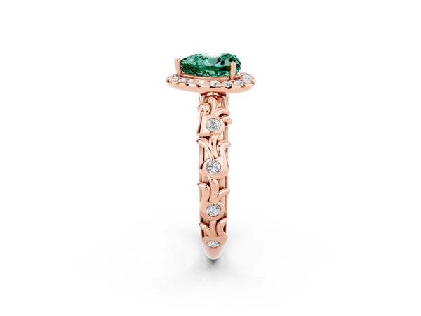 Rose gold Heart Cut Green Sapphire Halo Ring with Filigree Band and Prong Setting